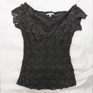 Cabi Women's Medium Dark Sultry Gray Floral Lace Double Lined Short Sleeve Top